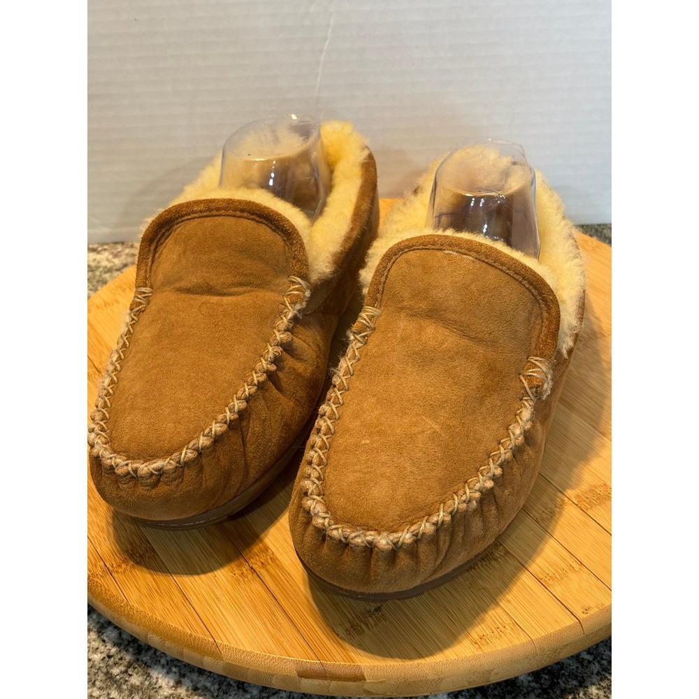 LL Bean Wicked Good Moccasins Mens Suede Shearling Lined Slippers Brown